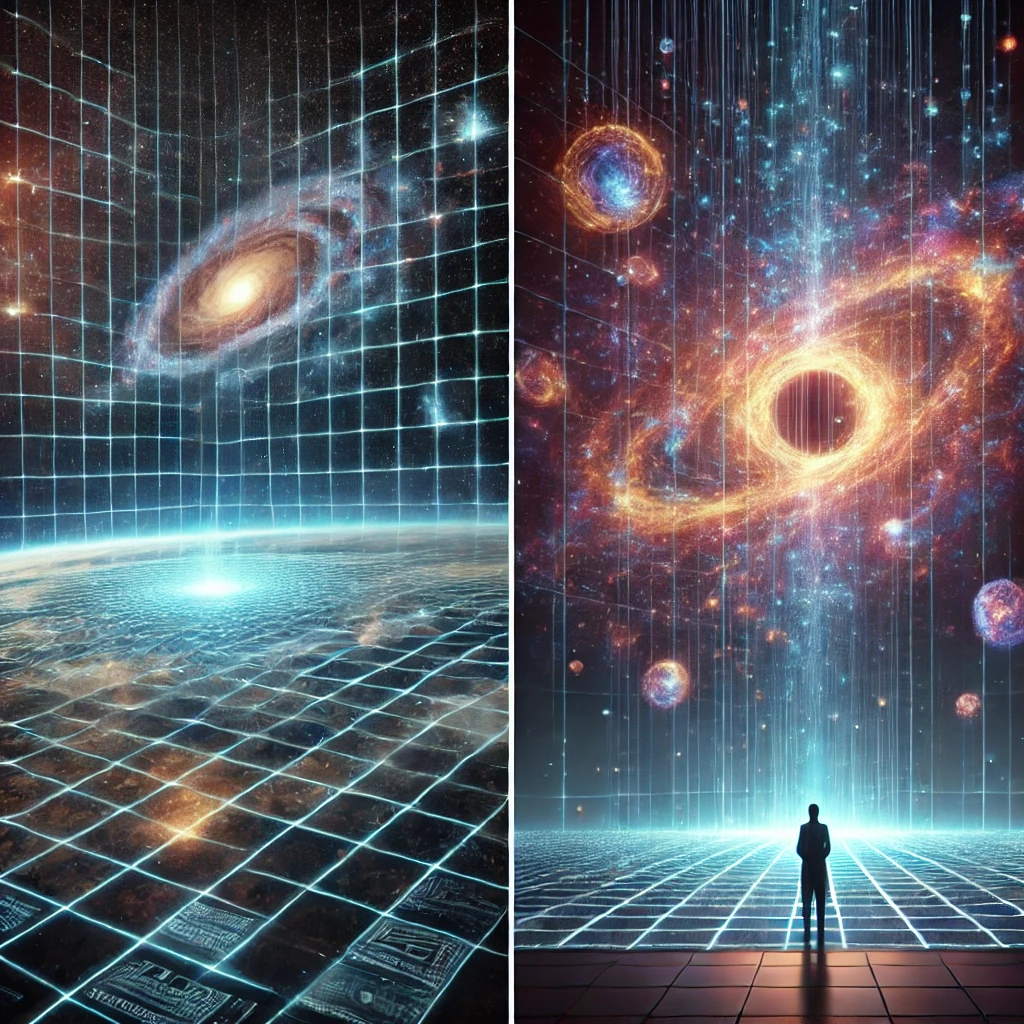 DALL·E 2025-02-27 19.55.08 - A cosmic holographic universe concept. The first image features a vast cosmic landscape with a glowing grid-like structure overlaying space, represent.webp