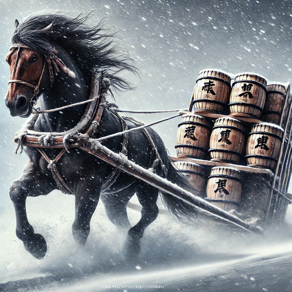 DALL·E 2025-02-10 22.51.45 - A powerful horse named 'Goriki' pulling a sled loaded with barrels of miso and soy sauce through a fierce snowstorm. The horse is strong and muscular,.webp